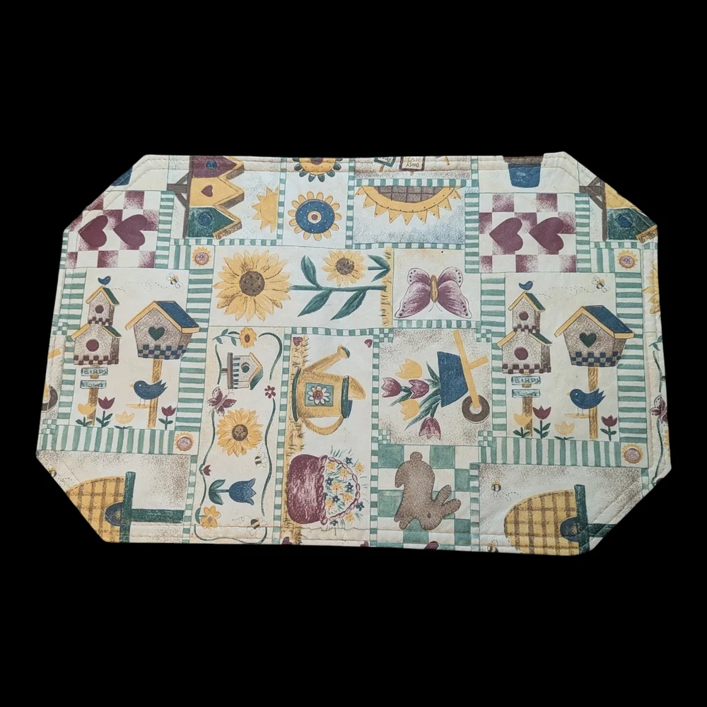 Vintage 70s 80s MCM 4 Vinyl Patchwork Country Garden Irregular Octagon Placemats